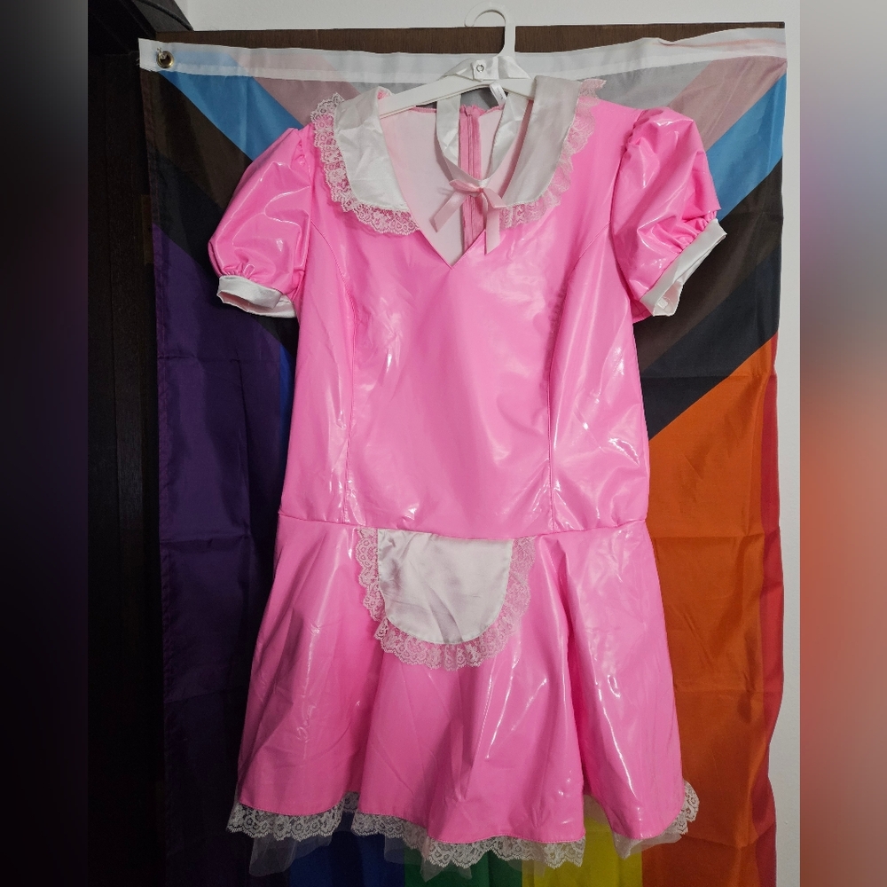 Pink Latex Maid Costume With Bow Neck Tie